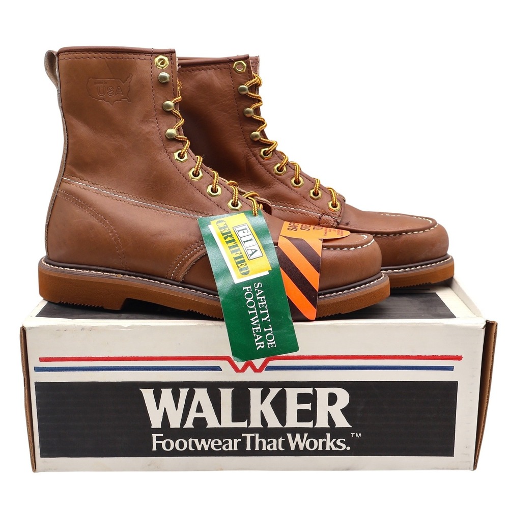 Walker Work Boots Mens 7.5 D Vintage USA Steel Toe Leather Brown Moc Toe 1302